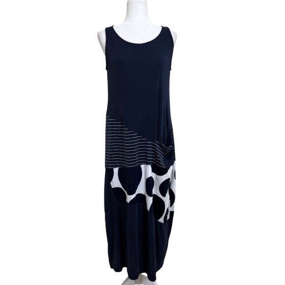 Alembika Sleeveless Maxi Dress Striped Polka Dot Navy Blue Lagenlook Size 10-12 - Picture 1 of 6